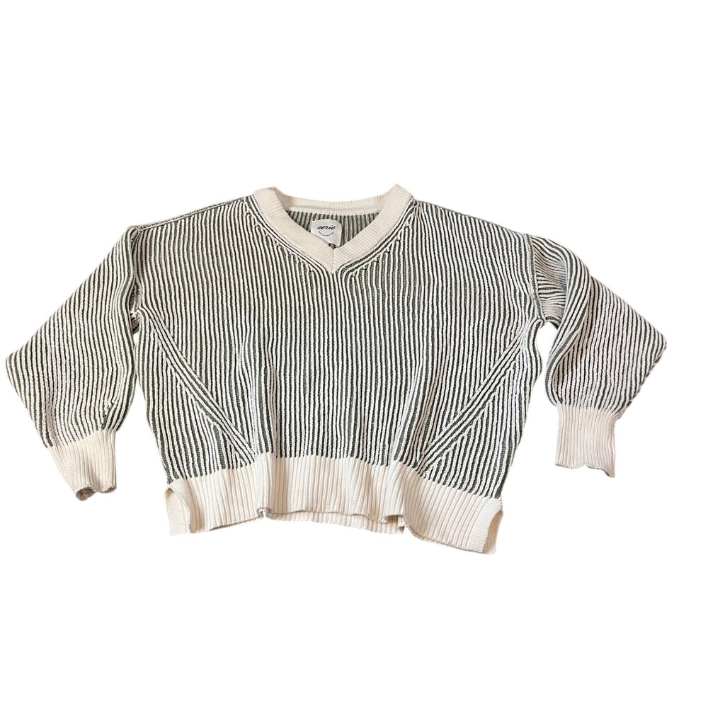 Aerie Women Large Green Cream Striped V-Neck Oversized Knit Sweater NWT